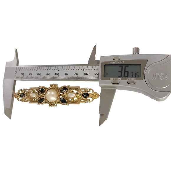 1928 Brand Gold Tone Blue Rhinestone Faux Pearl Long Bar Brooch K541 - Picture 6 of 8